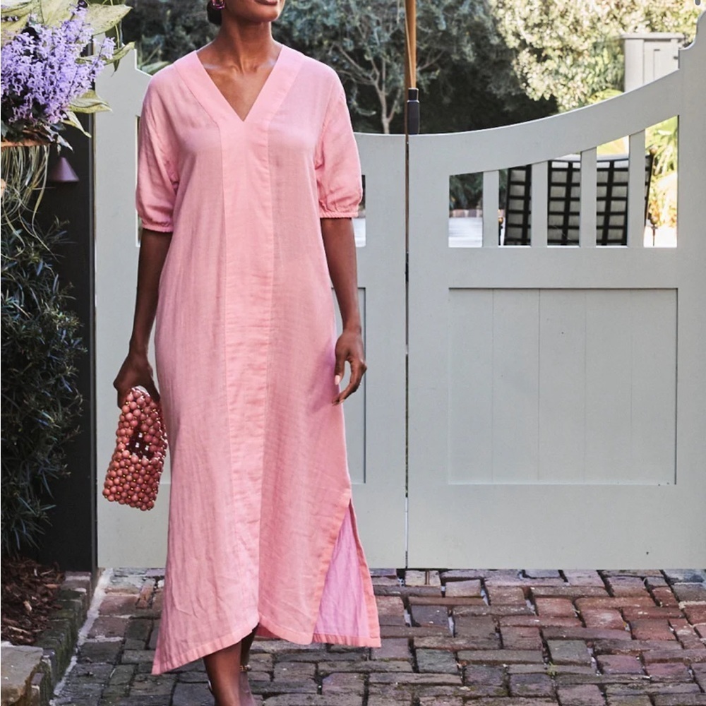 Lake Pajamas Gauze Caftan Coral Dress Midi Vneck Oversized Sz XXS NEW
